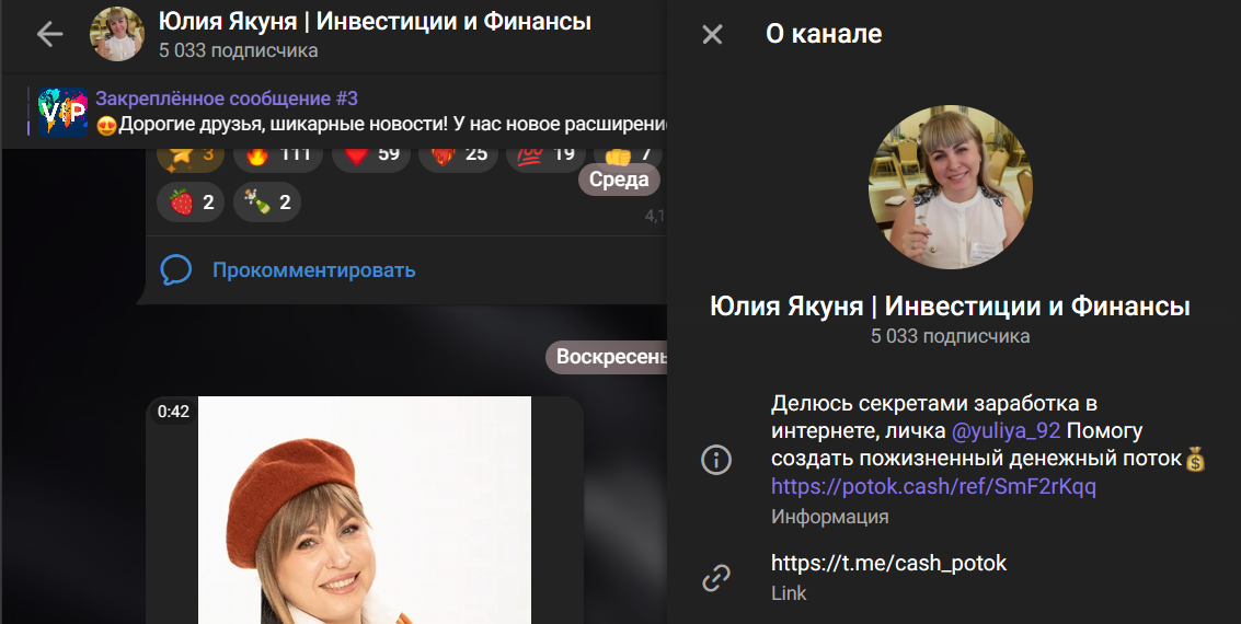 Мошеннический телеграм-канал Юлия Якуня | Инвестиции и Финансы (t.me/cash_potok). Отзывы и возврат денег - 1