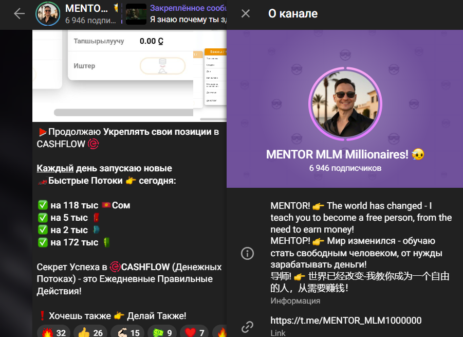 Мошеннический телеграм-канал MENTOR MLM Millionaires! (t.me/MENTOR_MLM1000000). Отзывы и возврат денег - 1
