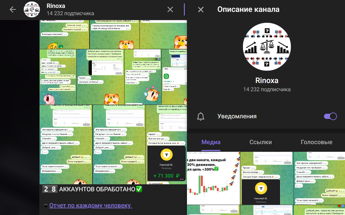 Мошеннический телеграм-канал Rinoxa (t.me/joinchat/t1wccBeZuyVjNTgy). Отзывы и возврат денег - 1