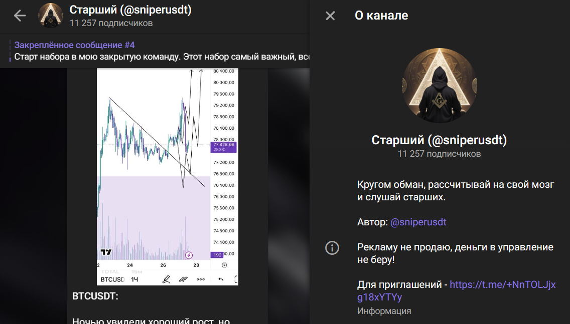 Мошеннический телеграм-канал Старший (t.me/+NnTOLJjxg18xYTYy). Отзывы и возврат денег - 1