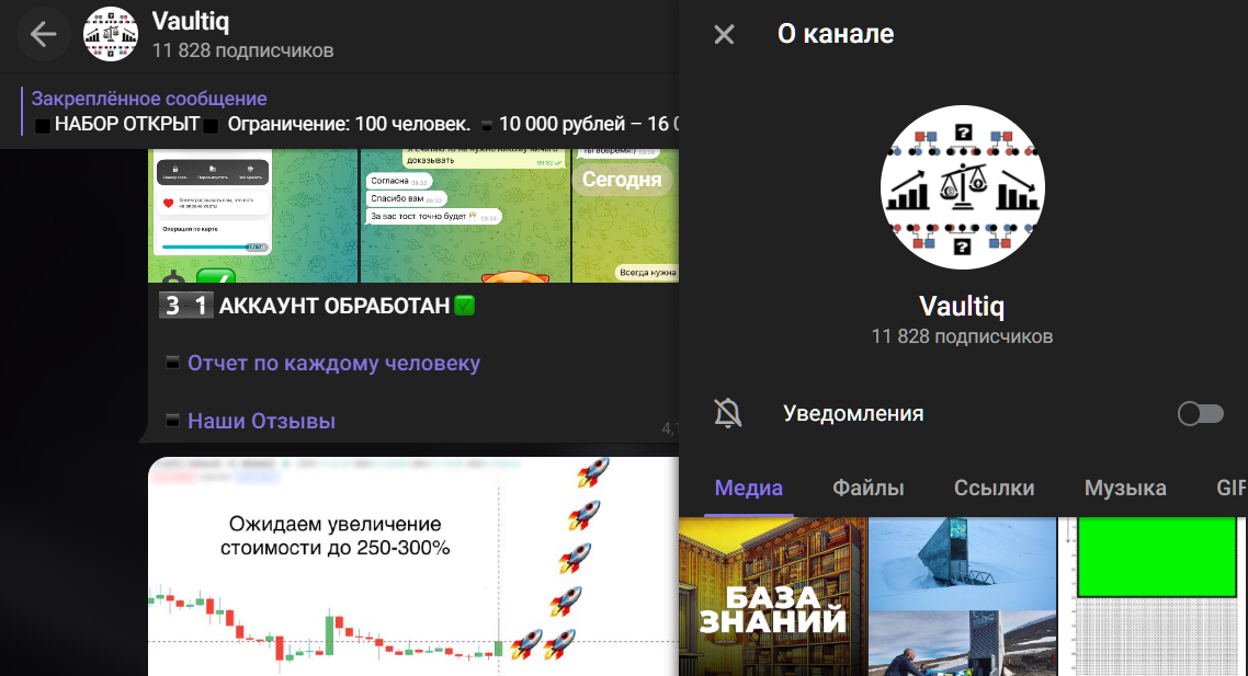 Мошеннический телеграм-канал Vaultiq (t.me/joinchat/qWkcshShtihjNmYy). Отзывы и возврат денег - 1
